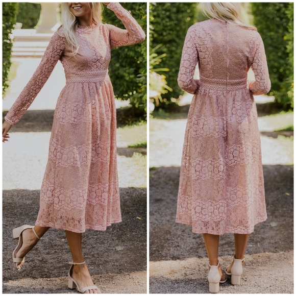 FEW LEFT❗️POLAGRAM Dusty Pink Lace Embroidered Long Sleeves Midi Dress - Picture 11 of 13